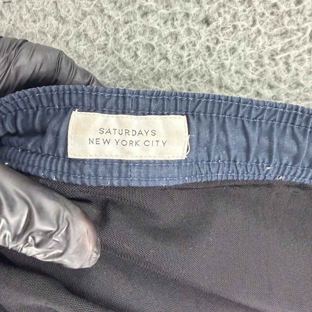 Saturdays NYC Swim Trunks Mens XS Navy Blue Elastic Waist Slash Logo Swim Shorts